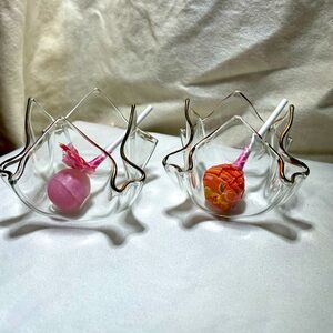 Vintage glass handkerchief style, gold color trim candle holders